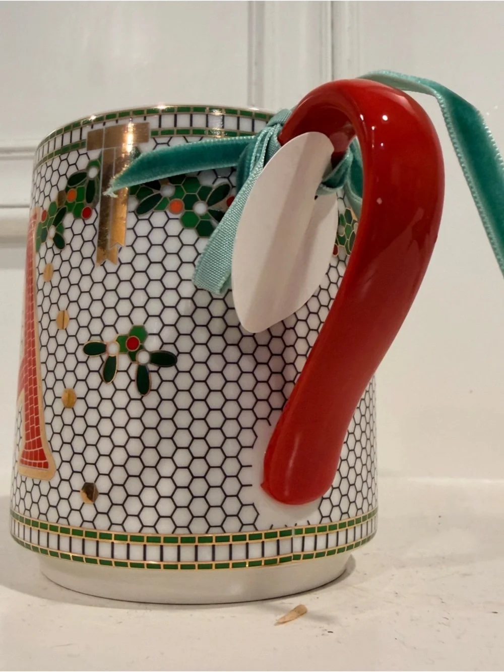 Anthropologie Cup of Cheer Monogram A Christmas Mug Honeycomb Gold Initial